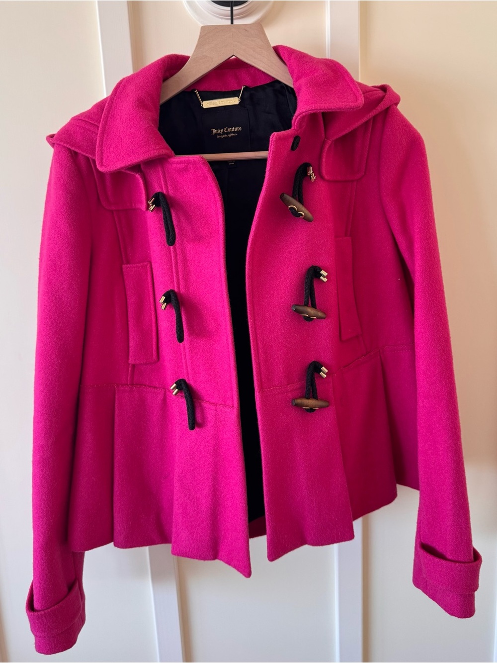 Juicy Couture NWOT Hot Pink Wool Toggle Duffle Coat Hooded Jacket Y2K Small Nice
